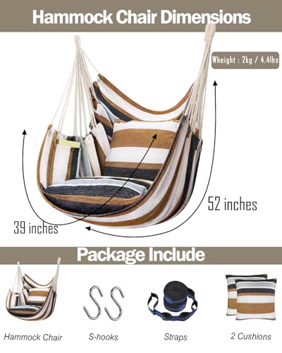 Halalona Hammock Chair Hanging Hammock Chair Rope Swing 2 Cushions Included-Sturdy & Durable Soft Cotton Hand Woven Hammock Swing for Bedroom, Porch, Patio-Indoor/Outdoor