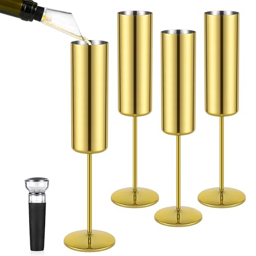 Qtencas 4 Pack Stainless Steel Champagne Flutes, Insulated Champagne Glasses Set of 4, 6oz Unbreakable Stemmed Champagne Glasses for Party Birthday Christmas Anniversary Wedding, Gold