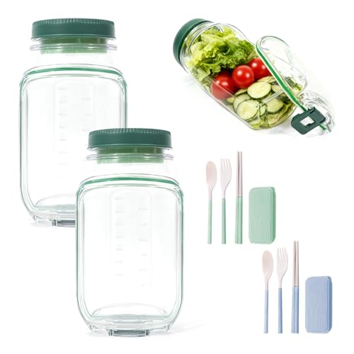 Syekcl 2 Pack Salad Containers with Dressing Cup, Leakproof Salad Jars with Side Hatch, Portable Food Storage Jars with Lid for Meal Prep, Lunch, Picnic & Travel, Reusable Airtight Tritan Canisters
