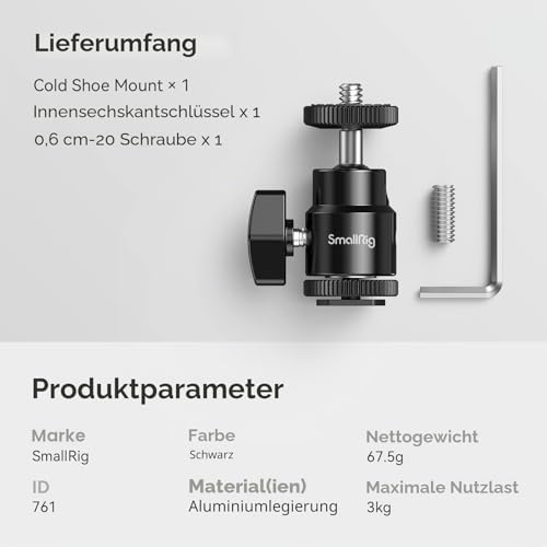 SMALLRIG Mini Stativkopf Kugelkopf,Kugelgelenk mit 1/4 Blitzschuhadapter, 360° Drehbar Ball Head mit Hot Shoe Apdater zum LCD Monitor, Mikrofon, LED Licht - 761