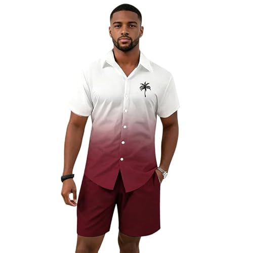 keepmore Men's 2 Piece Summer Outfit Set Striped Plaid 3D Print Short Sleeve Button Down Shirt and Drawstring Casual Shorts Holiday Beach Tracksuit