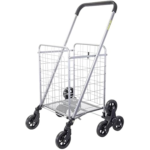 dbest Products Stair Climber Cruiser Cart Shopping Grocery Rolling Folding Laundry Basket on Wheels Foldable Utility Trolley Compact Lightweight Collapsible, Silver