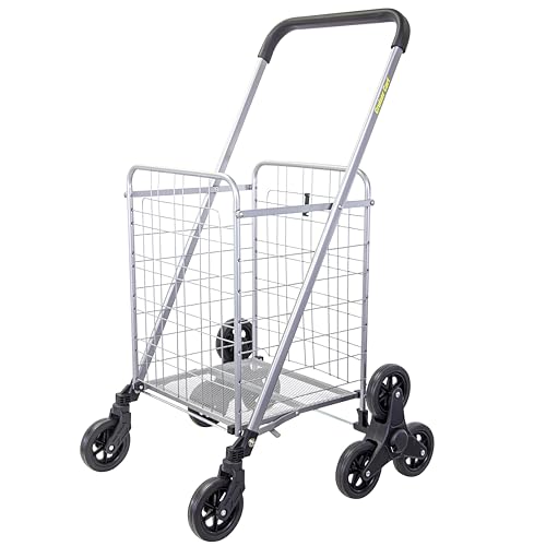 dbest products Stair Climber Cruiser Cart Shopping Grocery Rolling Folding Laundry Basket on Wheels Foldable Utility Trolley Compact Lightweight Collapsible, Silver