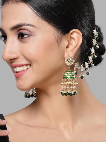 Image of Karatcart Gold Plated Pearl Chain Kundan Kaanchain Earrings for Women