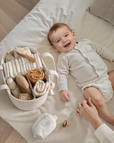 Image of Blissful Diary Baby Diaper Caddy Organizer, Cotton Rope Diaper Caddy Basket, Oval Storage Basket, Gift for Baby Shower, Newborn Essentials, Beige