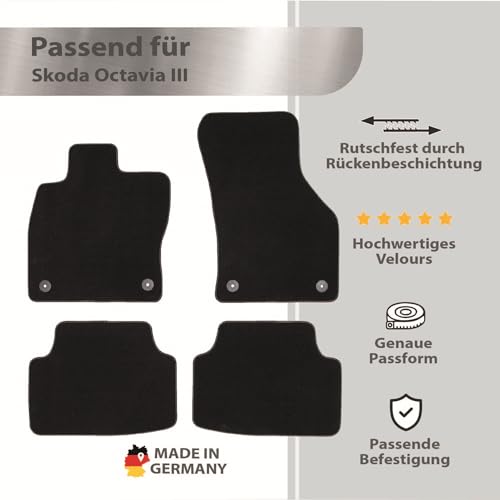 MAT10 – Auto-Fußmatten passend für Skoda Octavia 3 (BJ 02/2013 - 02/2020, Typ 5E) aus Velours | 4-teiliges Automatten Set | langlebige Erstausrüsterqualität, Made in Germany