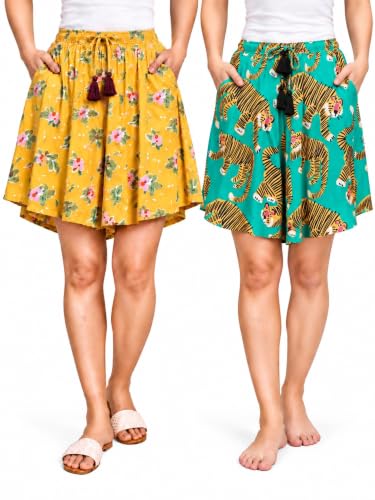 Image of B STORIES Women's Viscose Printed Lounge Culotte Shorts (Pack of 2)