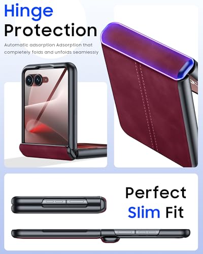 Image of for Motorola Razr+ Plus 2026 Case /Razr+ Plus 2025 Case with Hinge Protection & Built-in Outer Screen Protector, PU Leather Matte PC Shockproof Cover, Ultra Slim Case for Razr+ 2026 /2025-Red