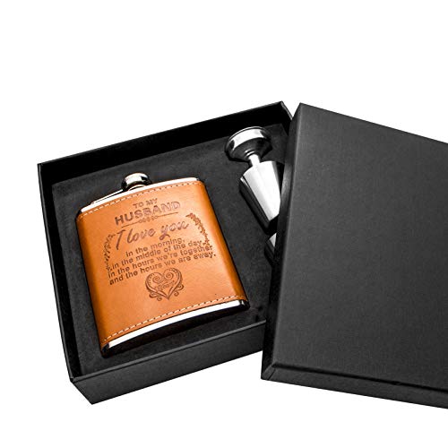 Personalized Flask Set Father\'s Day Gift For Husband - Engraved Hip Flasks For Husband - Stainless Steel with Leather Flask For Men, Wedding Valentine\'s Christmas Gift For Husband