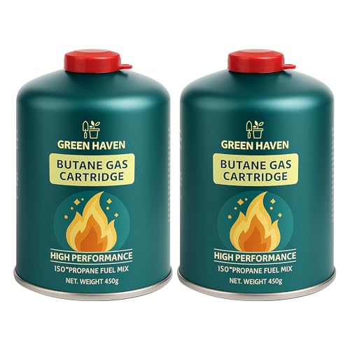 Green Haven Premium C500 Gas Canisters - 2 Pack Gas Cartridges for Camping Stoves & More, High Performance Propane-Butane- Isobutane Mix with Resealable Valve Cartridges, EN417 Cartridge (2 Pack)