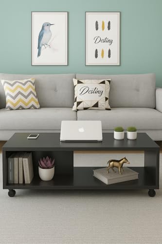 Image of MATTERHORN Wooden Coffee Table with Wheels & Storage Shelf | Modern Centre Table for Living Room, Tea & Drawing Room | Free Assembly, 80 x 40 x 40 cm (MOCT0126-R92101) (Ebony Black)