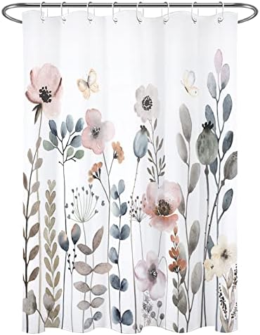 SCECALA Boho Flower Shower Curtain White Grey Green Floral Fabric Shower Curtains Watercolor Plant Farmhouse Bathroom Decor with Hooks, 48x70 Inch Polyester Fabric Easy to Care Bathtub Curtain