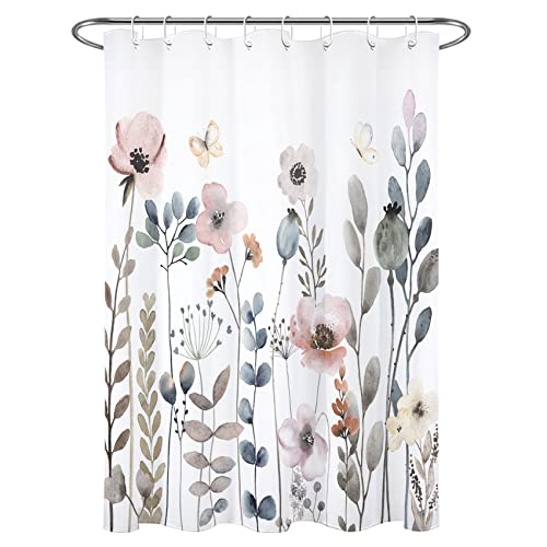 Scecala Boho Flower Shower Curtain White Grey Green Floral Fabric Shower Curtains Watercolor Plant Farmhouse Bathroom Decor With Hooks, 48X70 Inch Polyester Fabric Easy To Care Bathtub Curtain #TOP1