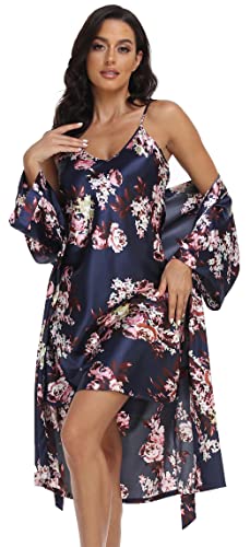 Womens Satin Robes Set with Nightgown Silk Kimono Pajamas 2 Piece Sleepwear Camisole Wedding Bride Gown Set