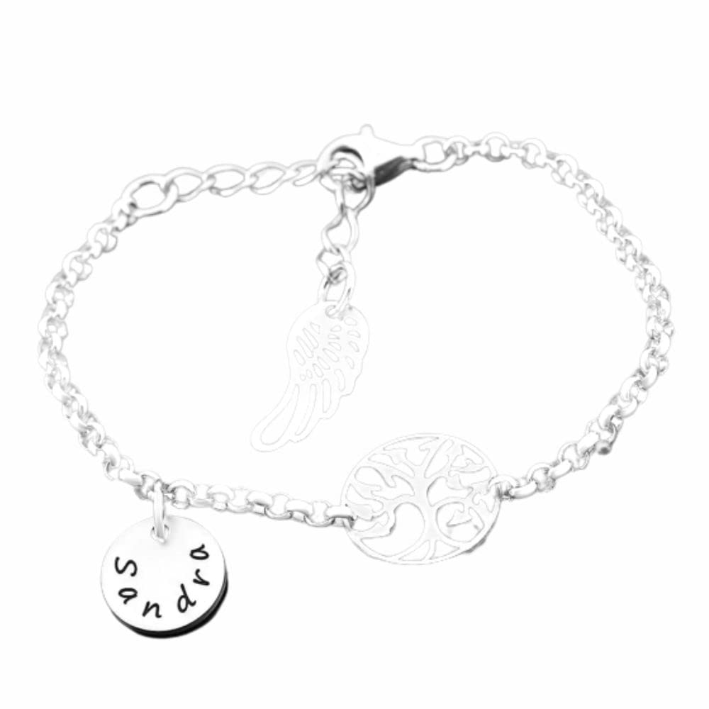 Namensarmband 925 Silber für Damen Bettelarmband mit Namen * Geschenk zur Geburt Mutter * Silberarmband Erbsenkette mit Gravur und Lebensbaum zartes Armkettchen Flügel
