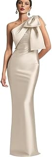 One Shoulder Satin Long Prom Dresses with Bow Mermaid Bridesmaid Dresses Floor Length Formal Evening Party Gowns.
