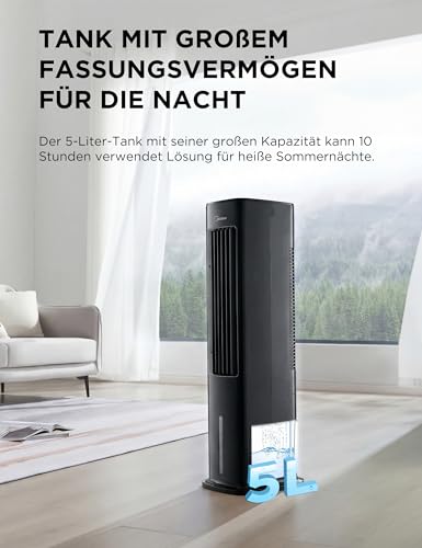 Midea AC100-20ARB(BK) Turmventilator mit Wasserkühlung – 4-in-1 mobiler Luftkühler, Ventilator, Luftbefeuchter & Reiniger mit Fernbedienung, 5L Tank, extrem leise für Schlafzimmer, Home-Office