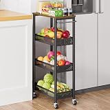 XYZLVSI Slim Storage Cart 4 Tier Fruit and Vegetable Baskets for Kitchen Small Space, Narrow Laundry Cart on Wheels with Wooden Top and Metal Handle for Pantry, Bathroom, Laundry Room