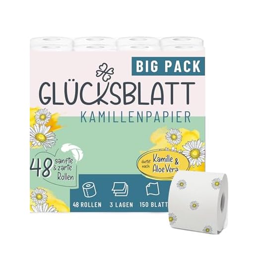 Glücksblatt Toilettenpapier Kamille, 3-lagig, 48 Rollen x 150 Blatt, Duft nach Kamille, 100% Zellstoff, weiches Klopapier mit bunten Kamillenblüten, Kamillenpapier, Verpackung aus 30% PCR-Anteil