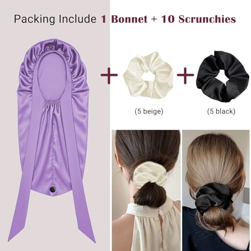 Women's Silky Bonnet - Long Tie Sleep Cap, Curly/Natural Hair, Adj. Night Hat, +10 Scrunchies, Mom/Wife — view 5
