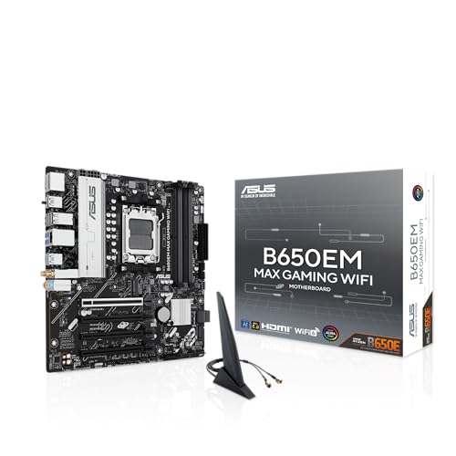 ASUS B650EM MAX Gaming WiFi AMD B650 mATX Motherboard, DDR5, PCIe 5.0 Ready, 3X M.2 Slots, WiFi6, 1Gb Ethernet, DisplayPort, HDMI, Rear USB 10Gbps Type-A & Type-C Ports, BIOS Flashback, Aura Sync