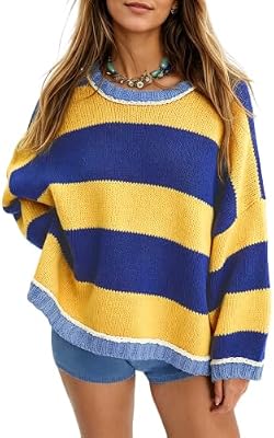 Fnortc Women's Chunky Knit Striped Sweaters Casual Long Sleeve Crew Neck Oversized Pullover Sweater...