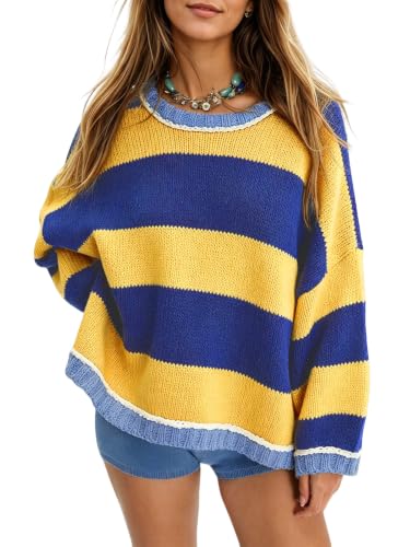Fnortc Women's Chunky Knit Striped Sweaters Casual Long Sleeve Crew Neck Oversized Pullover Sweater Winter Fall Spring Tops(Blue,S)