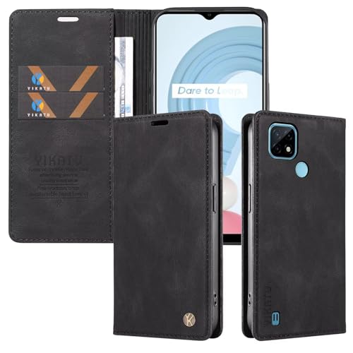 Funda Compatible con Realme C21/Realme C20 Libro Fundas con Tapa Móvil Cuero Carcasa Magnética Tarjetero Protector Antigolpes Case/Ranuras Billetes/Acceso a Botones -Negro