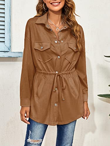 Gamisote Women Long Shacket Outwear Fall Jackets Pockets Drawstring Buttons Trench Coat #TOP5