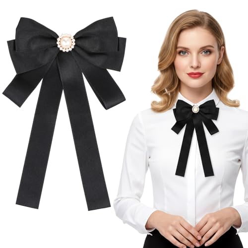 DOPENSPI Schwarze Vorgebundene Fliege für Frauen, Bowknot Fliege mit Perle Elegante Brosche Schleifen Krawatte Damen für Uniform Schule Shirt Party Zubehör