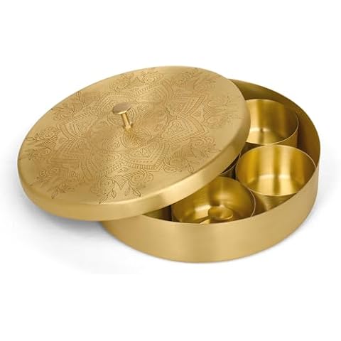 SEMPYIX Pure Brass Handicraft Spice Box Masala Dabba Masaladani | Spice Box for Kitchen | Masala Dani with 7 Containers and Spoon Size 8" for family with 4–6 members Cover