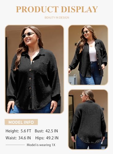 Eytino Womens Plus Size Boyfriend Shirts Casual Long Sleeve Button Down Oversized Waffle Knit Shacket Jacket(1X-5X)3