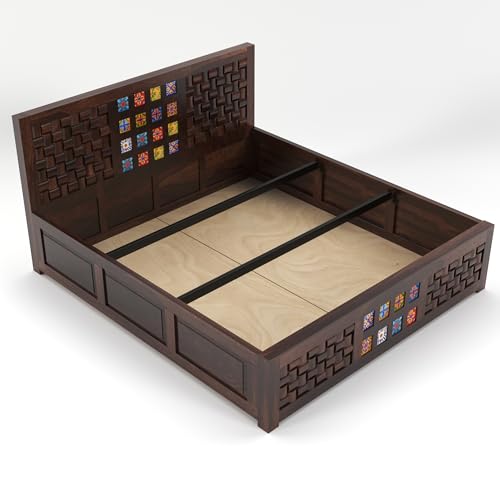 Image of Sheesham Wood King Size Bed with Storage Box | Wooden Box Bed King Size Double Cot Bed with Storage for Bedroom | Premium Niwar Tile Design Headboard Bed for Hotel, Home | Walnut Finish