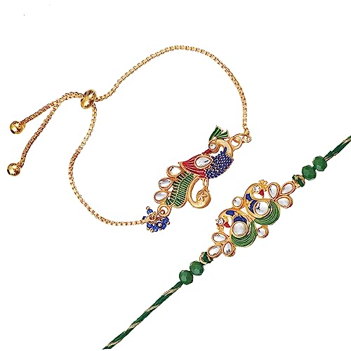 Image of eCraftIndia Set of 2 Peacock Designer Bracelet Rakhi for Brother and Bhabhi | Best Bro Ever Fridge Magnet | Roli Chawal Pack | Bhaiya Bhabhi Rakhi
