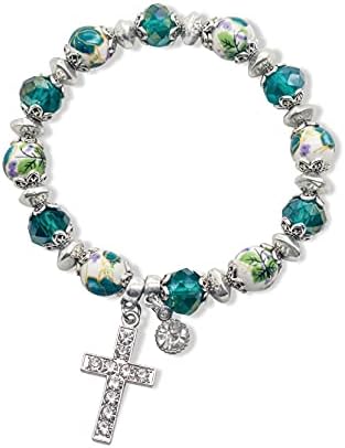 Nazareth Store Rosary Bracelet Christian Charm Crystallized Green Beads Decorated With Flowers and Silver Cross