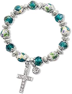 Nazareth Store Rosary Bracelet Christian Charm Crystallized Green Beads Decorated With Flowers and Silver Cross