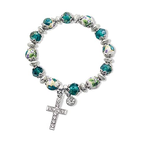 Nazareth Store Rosary Bracelet Christian Charm Crystallized Green Beads Decorated With Flowers and Silver Cross Cover