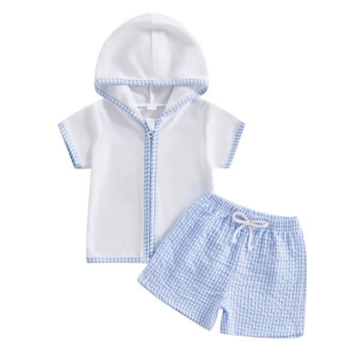 KtwHarnu Toddler Baby Boy Girl Swimsuit Cover Up Towel Hooded Zip Swim Tops Striped/Plaid Seersucker Shorts Set Beach Coverup (Sky Blue, 12-18 Months)