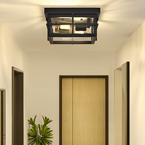 Asnxcju Modern Outdoor Ceiling Light Fixtures, 2-Light Black Flush Mount Light Fixtures with Clear Glass Shade, Farmhouse Square Ceiling Lighting for Porch Bathroom Kitchen (Bulbs Not Included) - Thumbnail 6