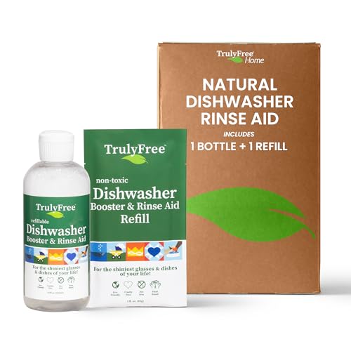 Comparison: Best Rinse Aid For Hard Water 4 Truly Free Natural Dishwasher Booster & Rinse Aid - Non-Toxic Dishwashing Aid Formula, Removes Residue & Tough Dish Stains, Water Spot Remover - Includes: 1 Reusable Empty 12 oz Bottle & 1 Refill