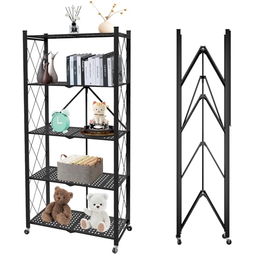 Image of 5 Tier Folding Shelf with Wheels,Metal Steel Collapsible Shelves | No Assembly Portable Shelves Organizer Rack,Rolling Standing Utility Rack for Kitchen, Pantry, Office, Black