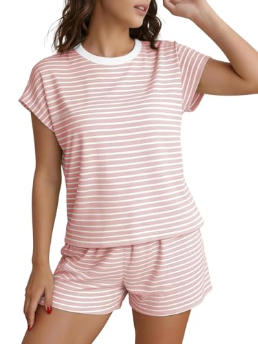 Outfeel Womens Pajama Sets Striped Print Two Piece Lounge Sets Crew Neck Sleepwear Fit T-Shirt and Shorts Set Soft Pjs