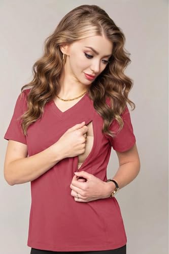 LUKYCILD Nursing Shirts for Breastfeeding Women Zipper Nursing Maternity Graphic Tee Mama Breast Feeding V Neck Tops Red — view 4