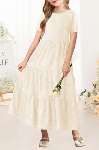 MITILLY Summer Flower Girl Dress Elegant Short Sleeve Crew Neck A-Line Flowy Maxi Dress for Kids with Pockets 6-12 Years4
