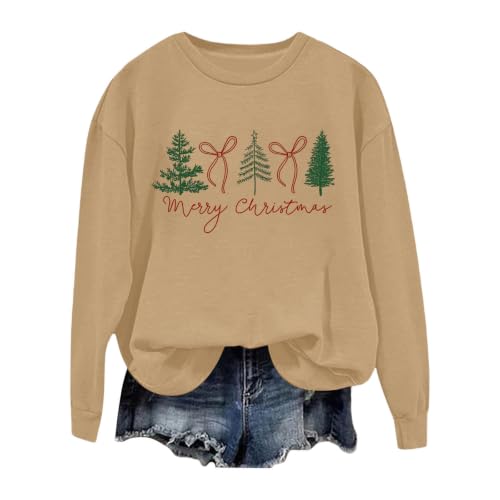 Christmas Sweatshirt for Women Fleece Solid Tunic Tops Classic Travel Reindeer Printed Sweatshirts Plus Size Vacation Ladies Sportswear(Khaki, S)