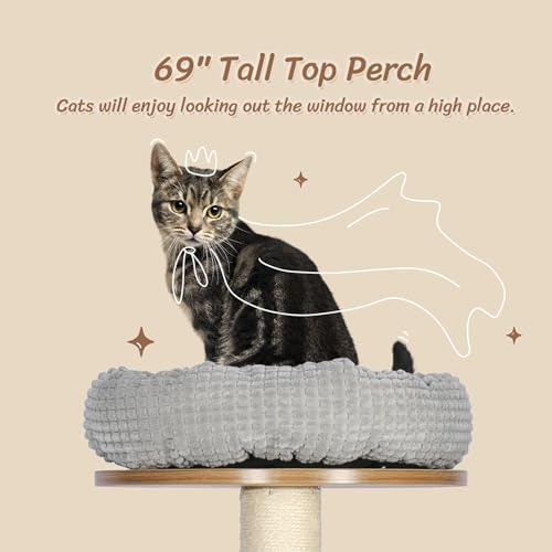 KAMABOKO 69”H Tall Wood Cat Tree, Large Cat Tower Multi-Level Platforms with Sisal Scratching Posts, Cat Condo for Large Cats 20 lbs Heavy Duty (69” H Wood Brown) by KAMABOKO - Image 4