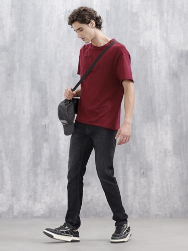 Image of WROGN Men Cotton Blend Jeans | Solid | Mid Rise | Slim Fit