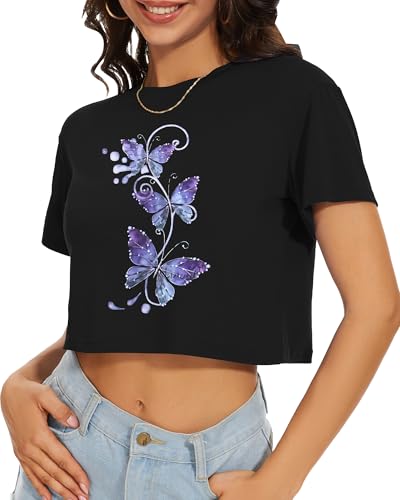 Image of Womens Summer Crop Tops Short Sleeve Round Neck T-Shirts Loose Fit Casual Blouse 2026