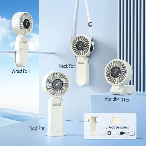 Image of 【5200mAh】Portable Handheld Fans for Travel, High-Speed Motor, Rechargeable Hand Held Fan, 5 Speed,180Foldable, Small Personal Fan,4-IN-1 Hand /Desk /Waist /Neck Fans,Summer Beach Travel Essentials