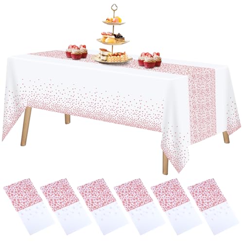 FUYOAL 6 Pieces White and Rose Gold Table Cloth, Disposable Party Table Cloth Plastic Tablecloth Dot Confetti Party Table Cover for Picnic Baby Shower Halloween Christmas(54" x 108")